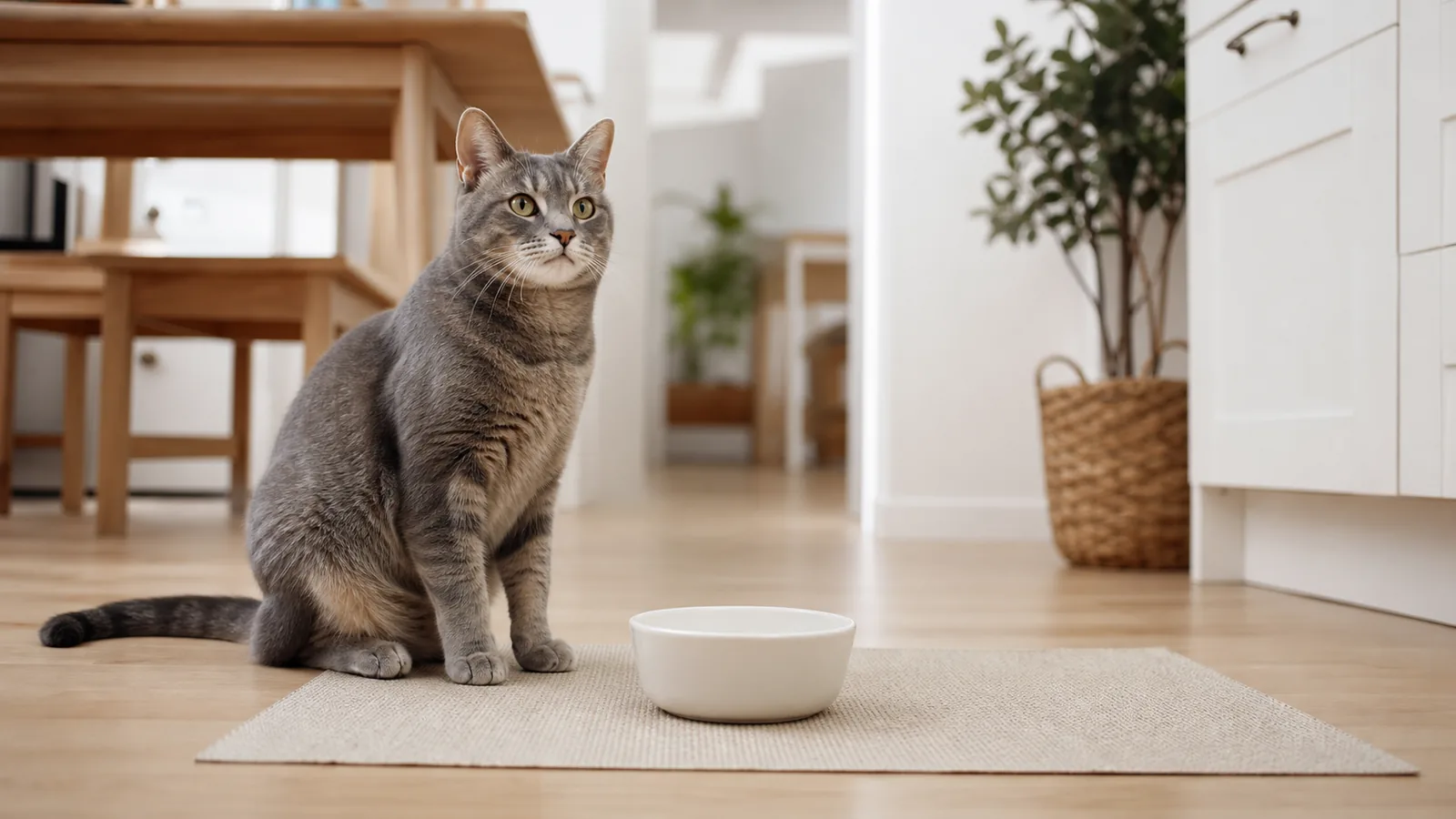 Cat waiting calmly near an empty food bowl before mealtime