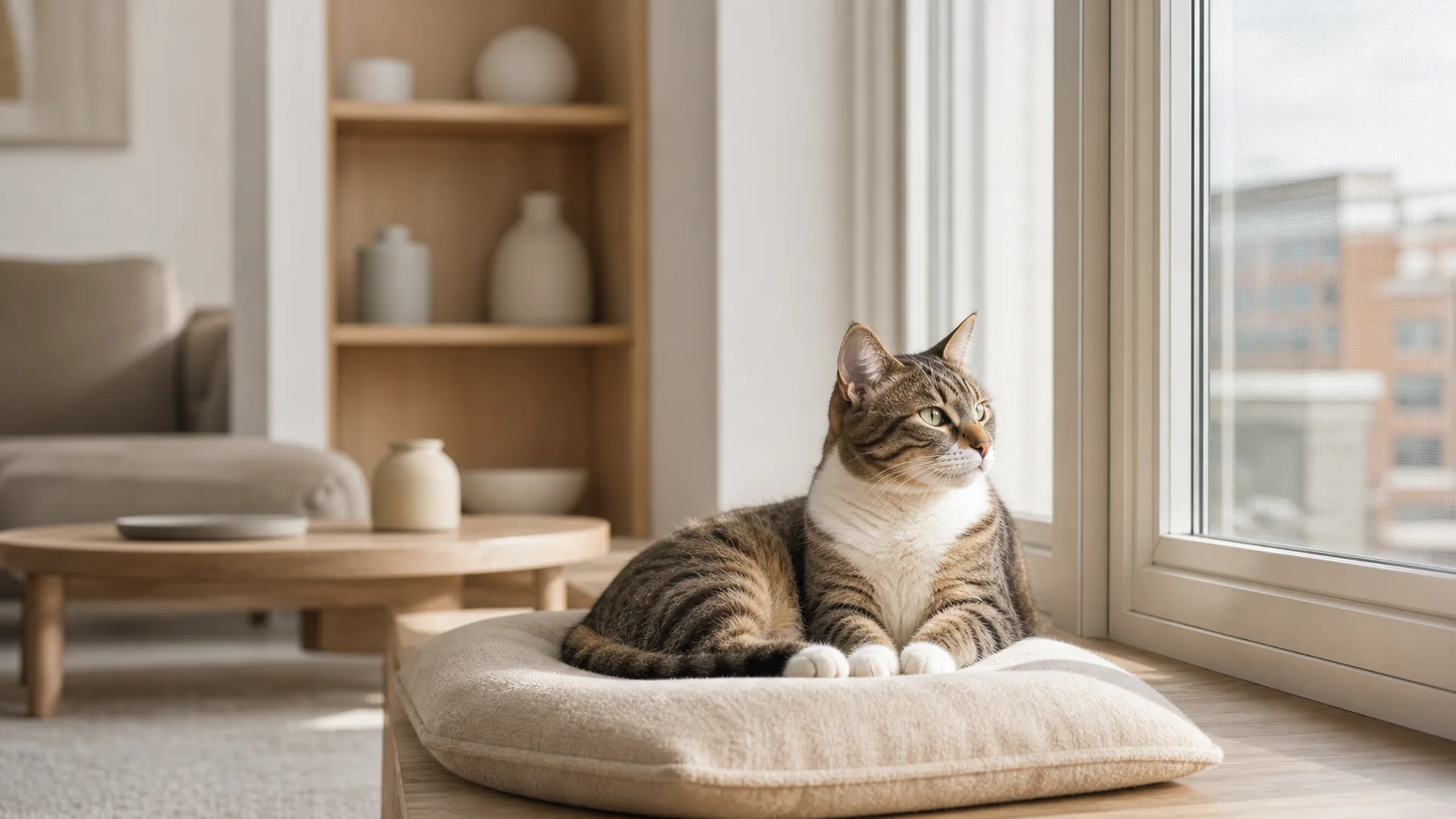 Relaxed indoor cat near a bright window in a modern home