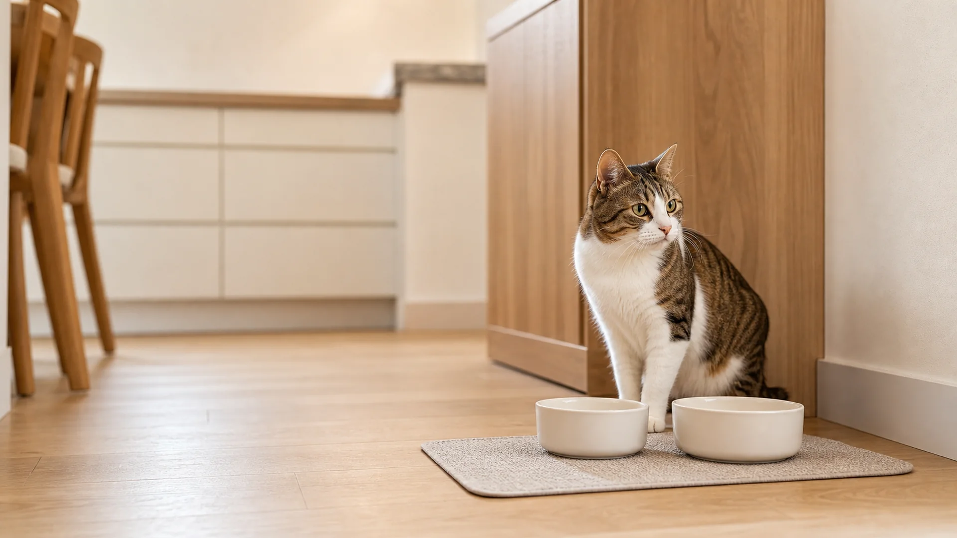 Indoor cat near a clean and organized feeding station at home