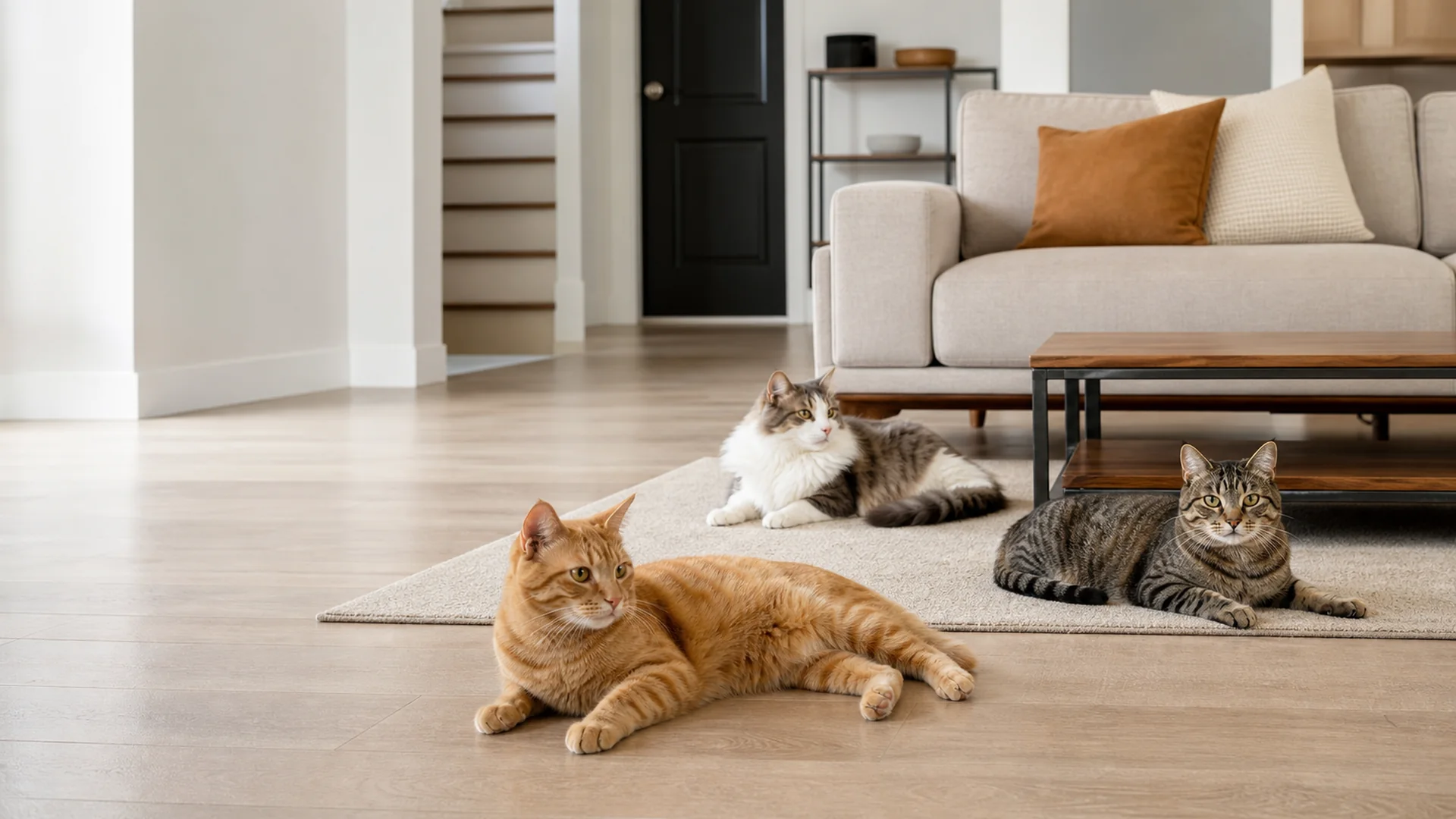 Multiple indoor cats sharing a calm modern home